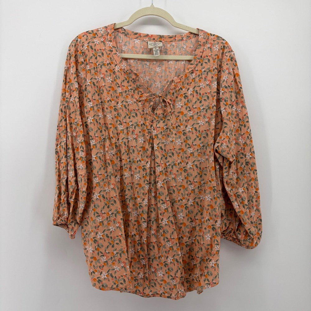 St. Johns Bay Womens XL Orange Floral Citrus 3/4 Sleeve Tie Neck Peasant Blouse